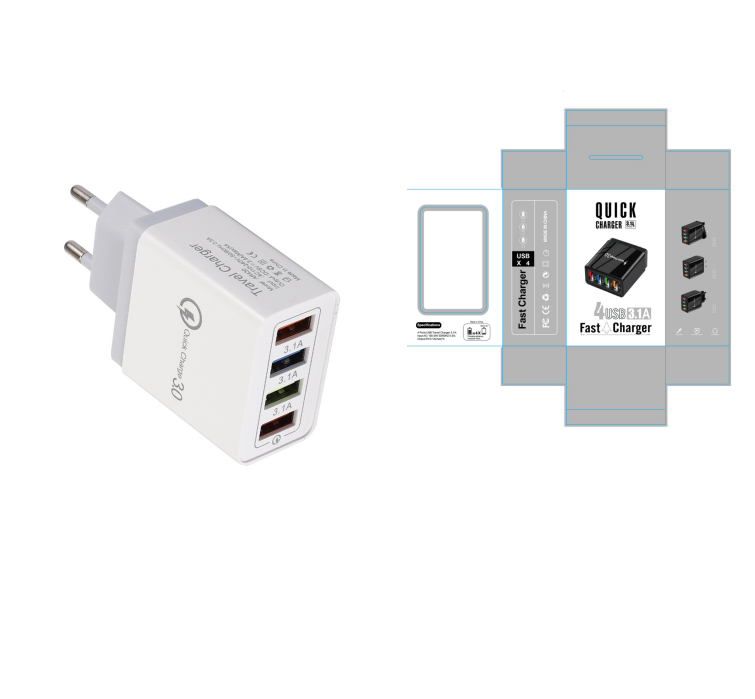 plug: US, Color: Grey and box-Q1pc, quantity:  - USB Charger Quick Charge 3.0 4 Ports Phone Adapter For Huawei IPhone 12 Tablet Portable Wall Mobile Charger Fast Charger