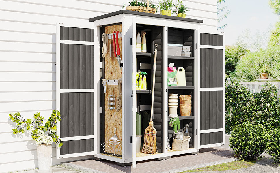 [Video Provided] TOPMAX Outdoor 5.5ft Hx4.1ft L Wood Storage Shed, Garden Tool Cabinet with Waterproof Asphalt Roof, Four Lockable Doors, Multiple-tier Shelves, White and Gray