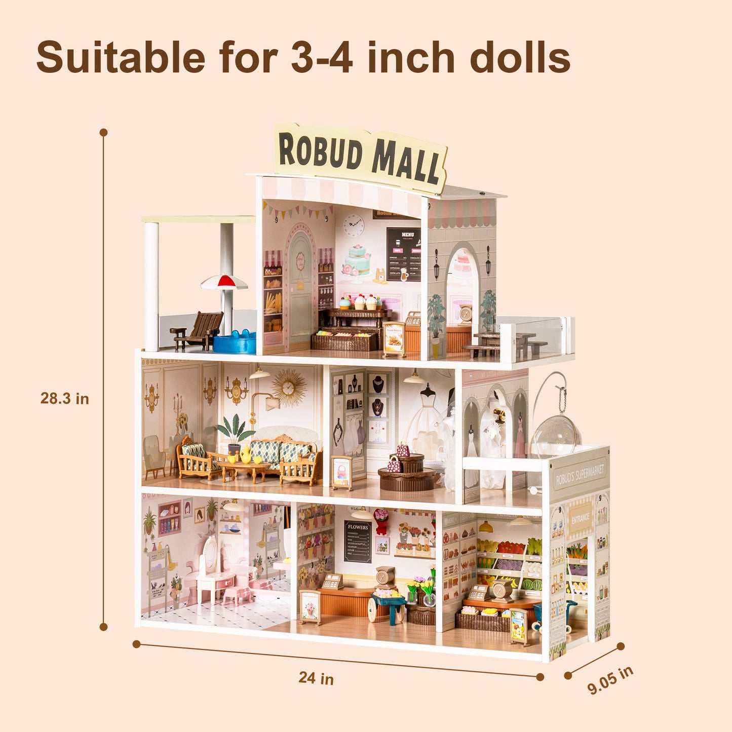 Wooden Shopping Mall Dollhouse, Pretend Playset for Kids, Suitable for Christmas Party& Birthday