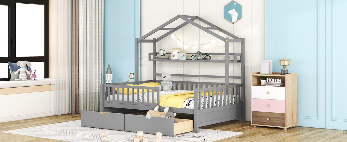 Wooden Full Size House Bed with 2 Drawers,Kids Bed with Storage Shelf, Gray