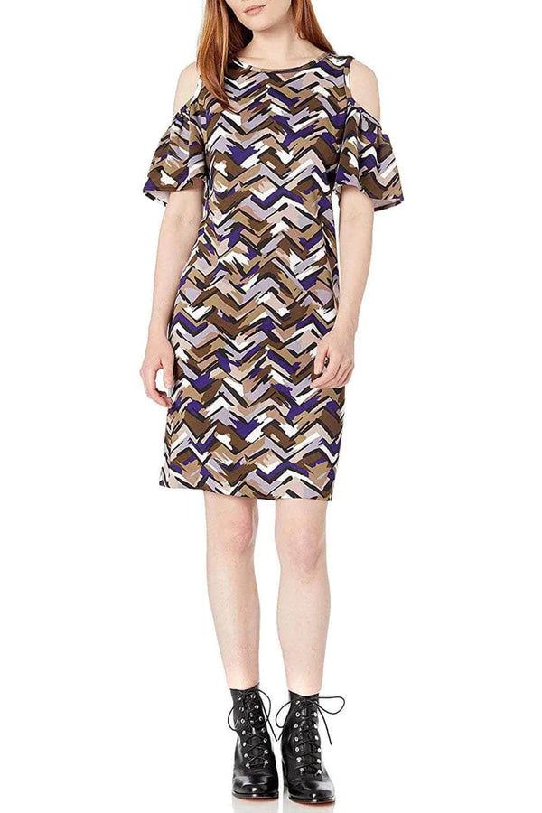 Nine West Scoop Neck Cutout Shoulder Short Sleeve Zipper Back Multi Print Scuba Dress-1