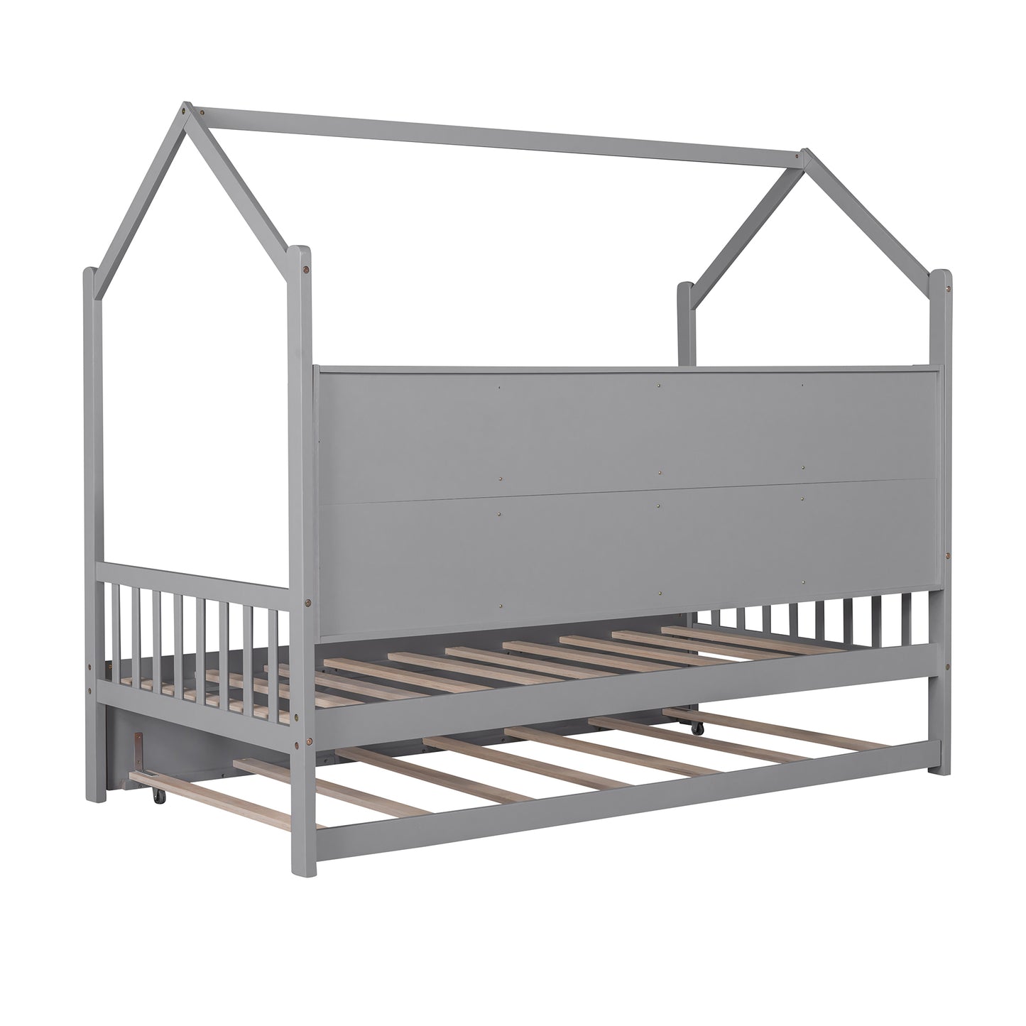 Wooden Twin Size House Bed with Trundle,Kids Bed with Shelf, Gray