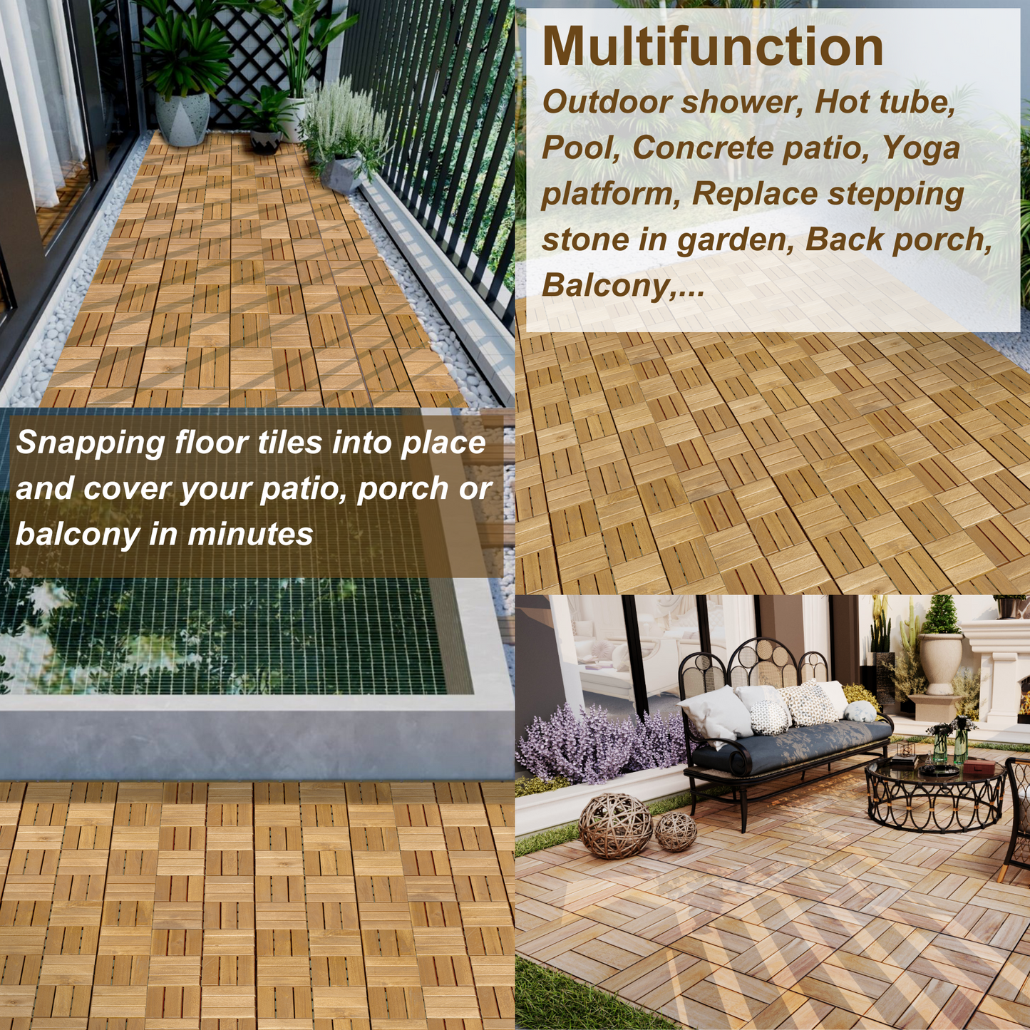 10 PCS Interlocking Deck Tiles Checker Pattern, 12" x 12" Square Yellow Acacia Hardwood Outdoor Flooring for Patio, Bancony, Pool Side,...