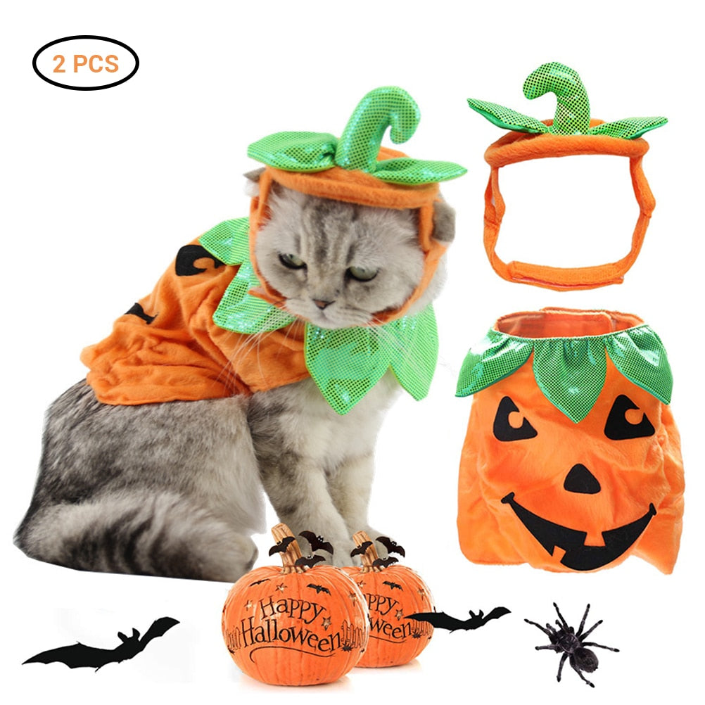 Halloween Pet Cats Costume Props Creative Pumpkin Shape Green Leaf Decoration Cosplay Clothing Holiday Garment Supplies