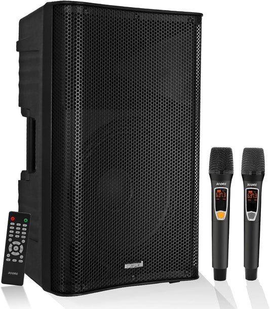 5 Core 12 Inch Professional 3000W Powered PA System Pair 2 Way TWS Bluetooth Speaker +4 Wireless UHF Mics +2 Stand +2 Bags XLR in/Out Active Preamp Outdoor Sound Set for DJ Party-0