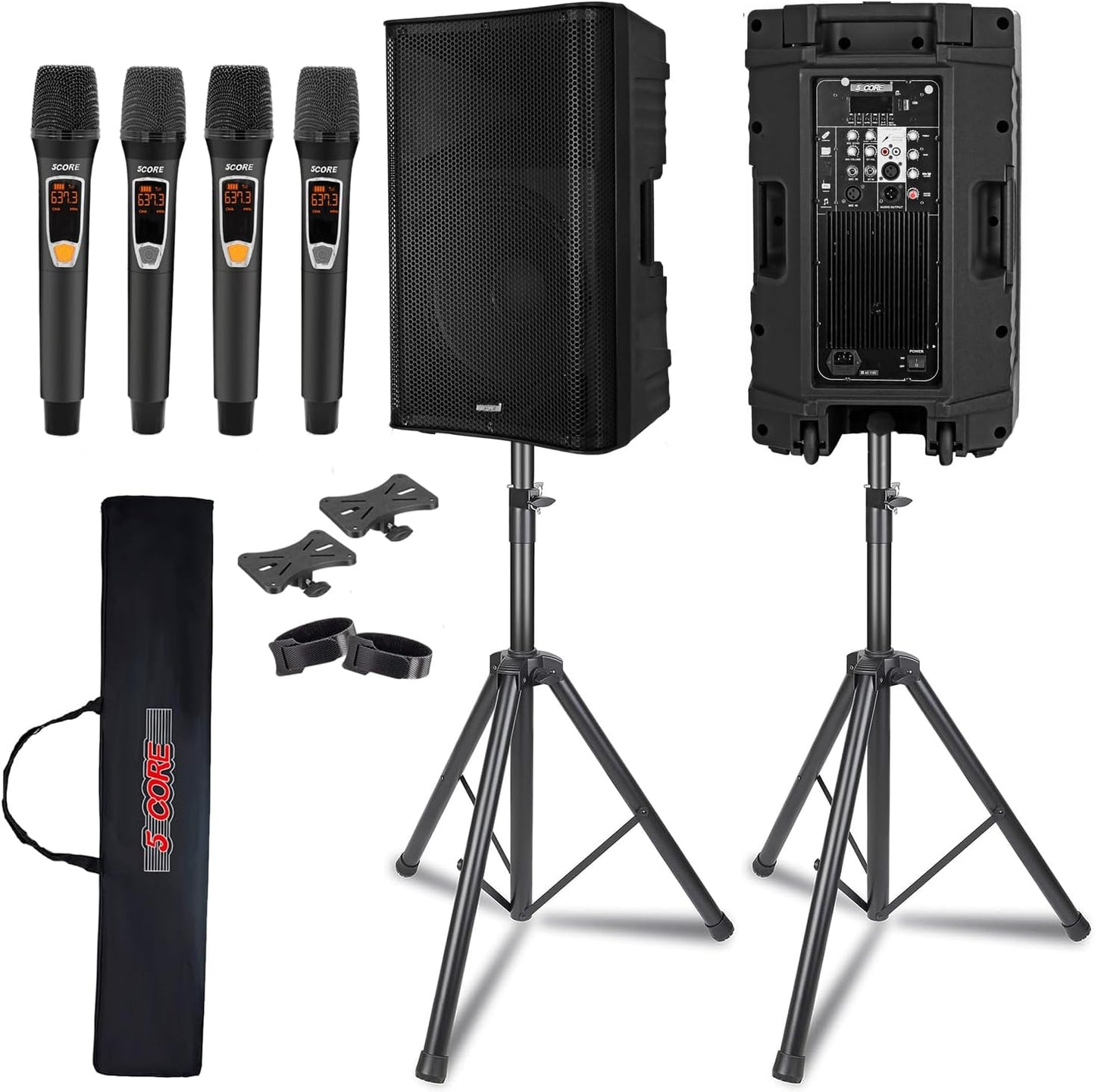 5 Core 15 Inch Professional 4000 W Powered PA System Pair 2 Way TWS Bluetooth Speaker +4 Wireless UHF Mics +2 Stand +2 Bags XLR in/Out Active Preamp Outdoor Sound Set for DJ Party-0