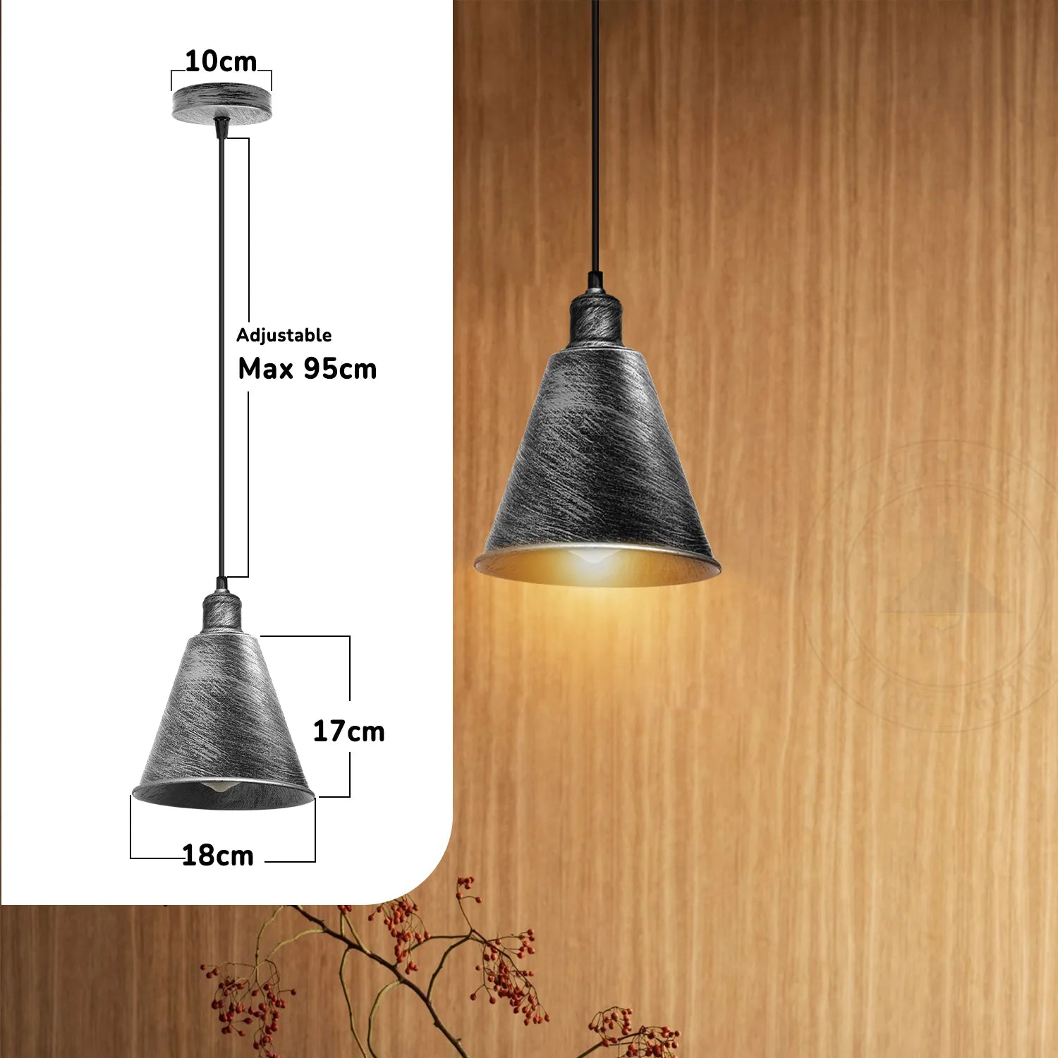 Hanging Cone Shaped Pendant Light Fixture,Brushed Silver Colour Lampshade~4407-2