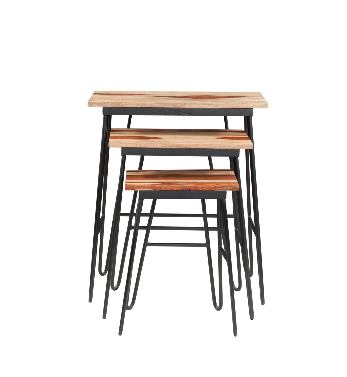 Natural Sheesham Wood Nesting Tables - Two-Tone Top, Iron Base - Varied Beauty, Ample Storage Space