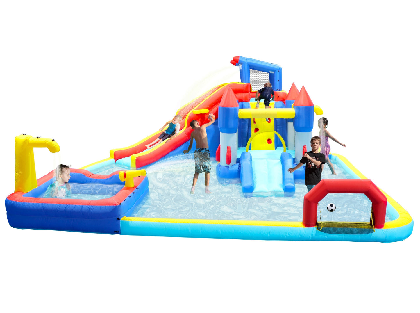 10 in1 Inflatable slide water park  bouncing house garden with splash pool & water gun & basketball & climbing wall & dual pools & soccer