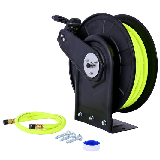 Retractable Air Hose Reel With 3/8" Inch x 50' Ft,Heavy Duty Steel Hose Reel Auto Rewind Pneumatic,Industrial Grade Rubber Hose,300 PSI,Black