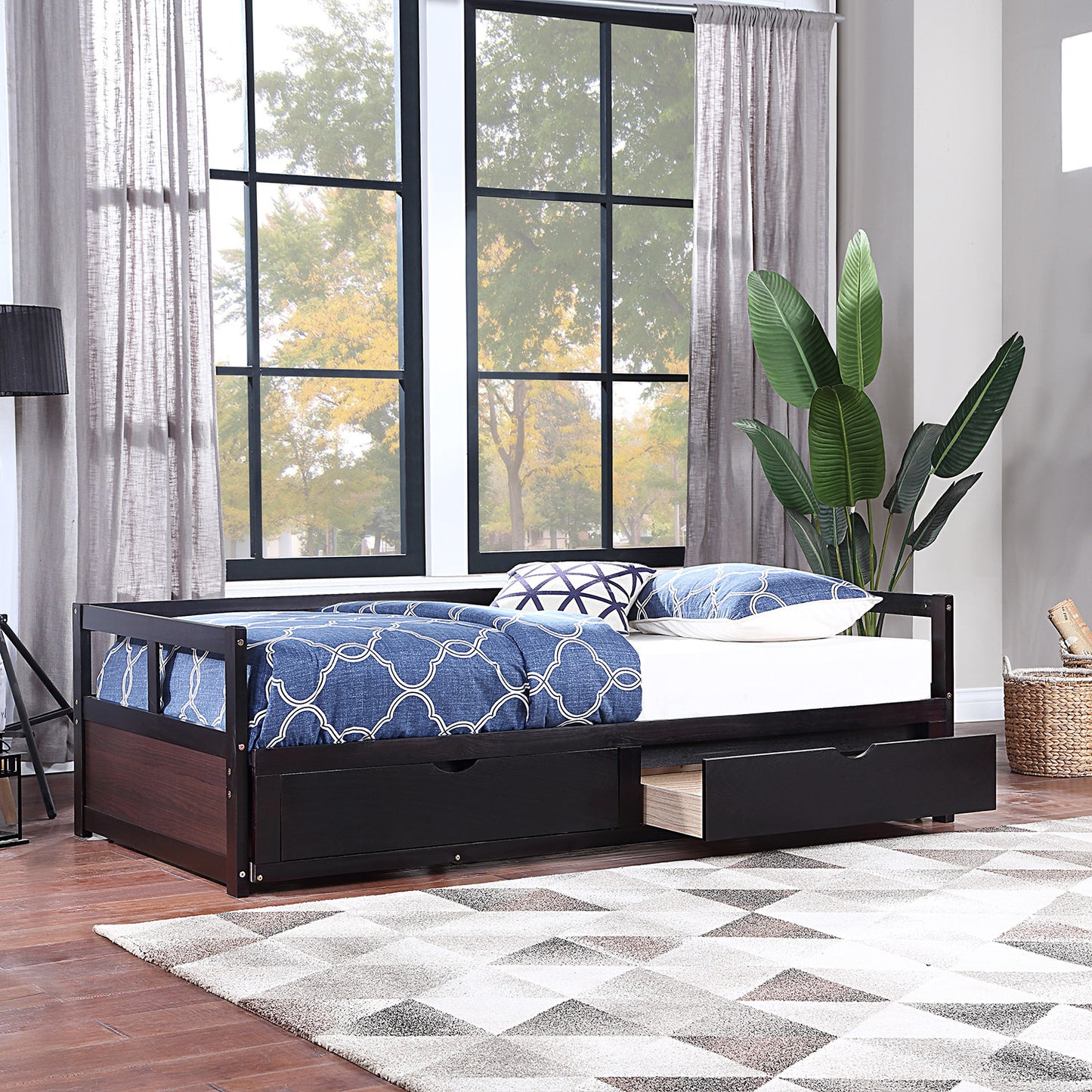 Wooden Daybed with Trundle Bed and Two Storage Drawers , Extendable Bed Daybed,Sofa Bed for Bedroom Living Room,Espresso