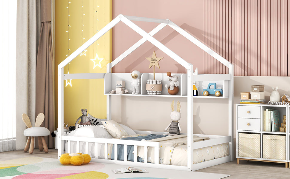 Wooden Twin Size House Bed with Storage Shelf,Kids Bed with Fence and Roof, White