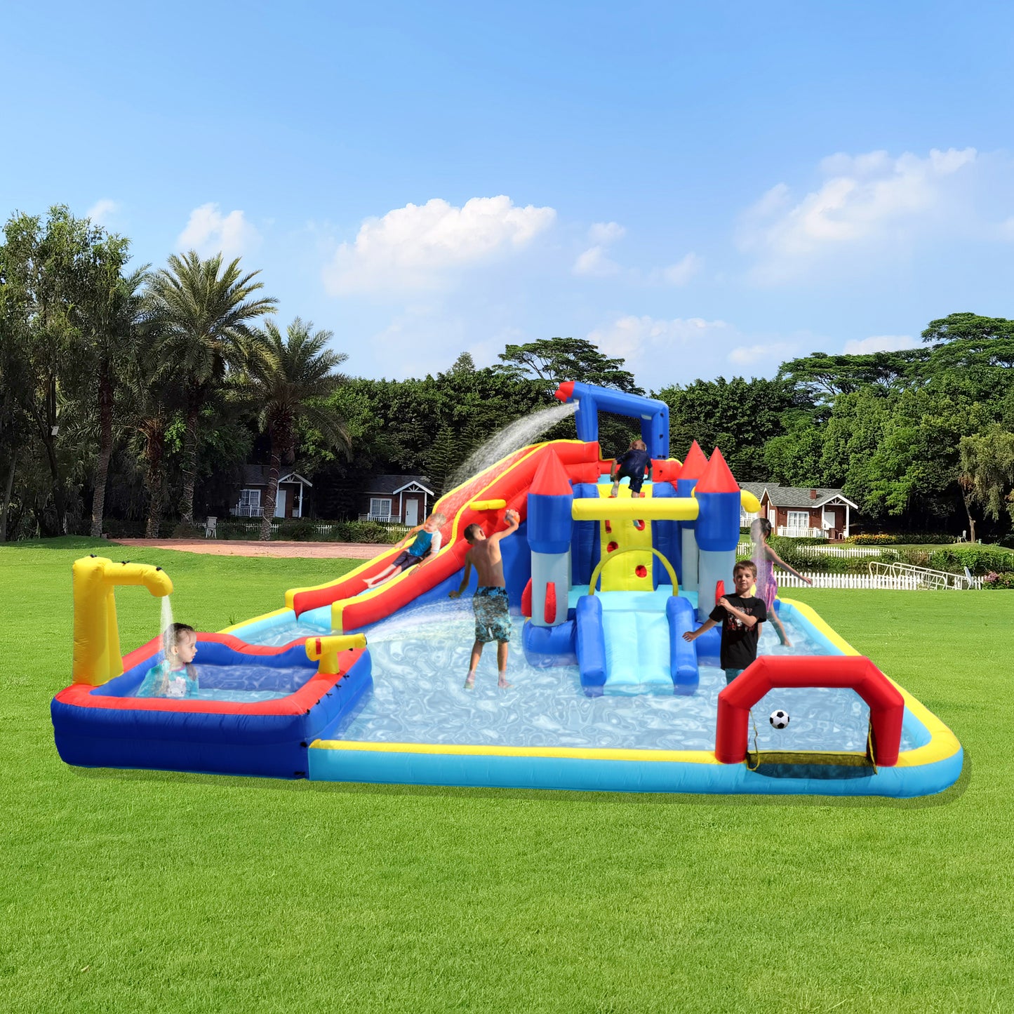 10 in1 Inflatable slide water park  bouncing house garden with splash pool & water gun & basketball & climbing wall & dual pools & soccer