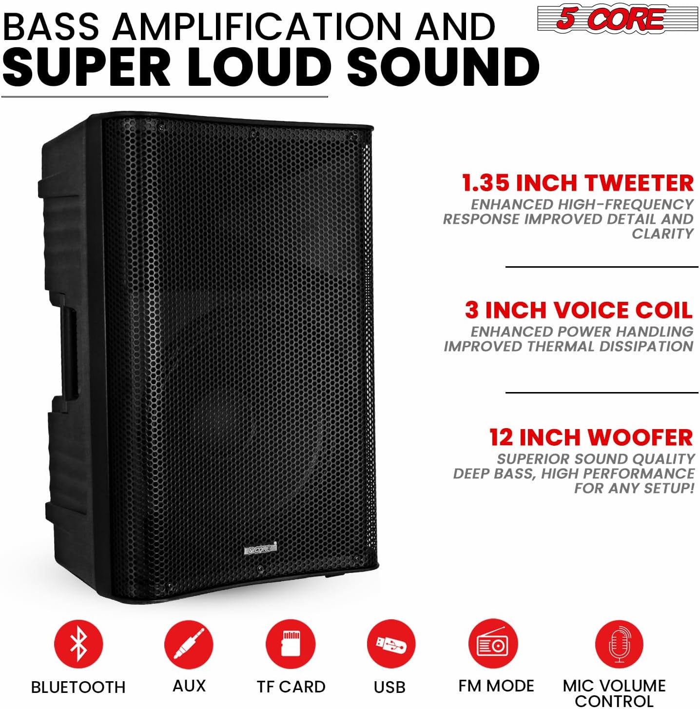 5 Core 12 Inch Professional 3000W Powered PA System Pair 2 Way TWS Bluetooth Speaker +4 Wireless UHF Mics +2 Stand +2 Bags XLR in/Out Active Preamp Outdoor Sound Set for DJ Party-2