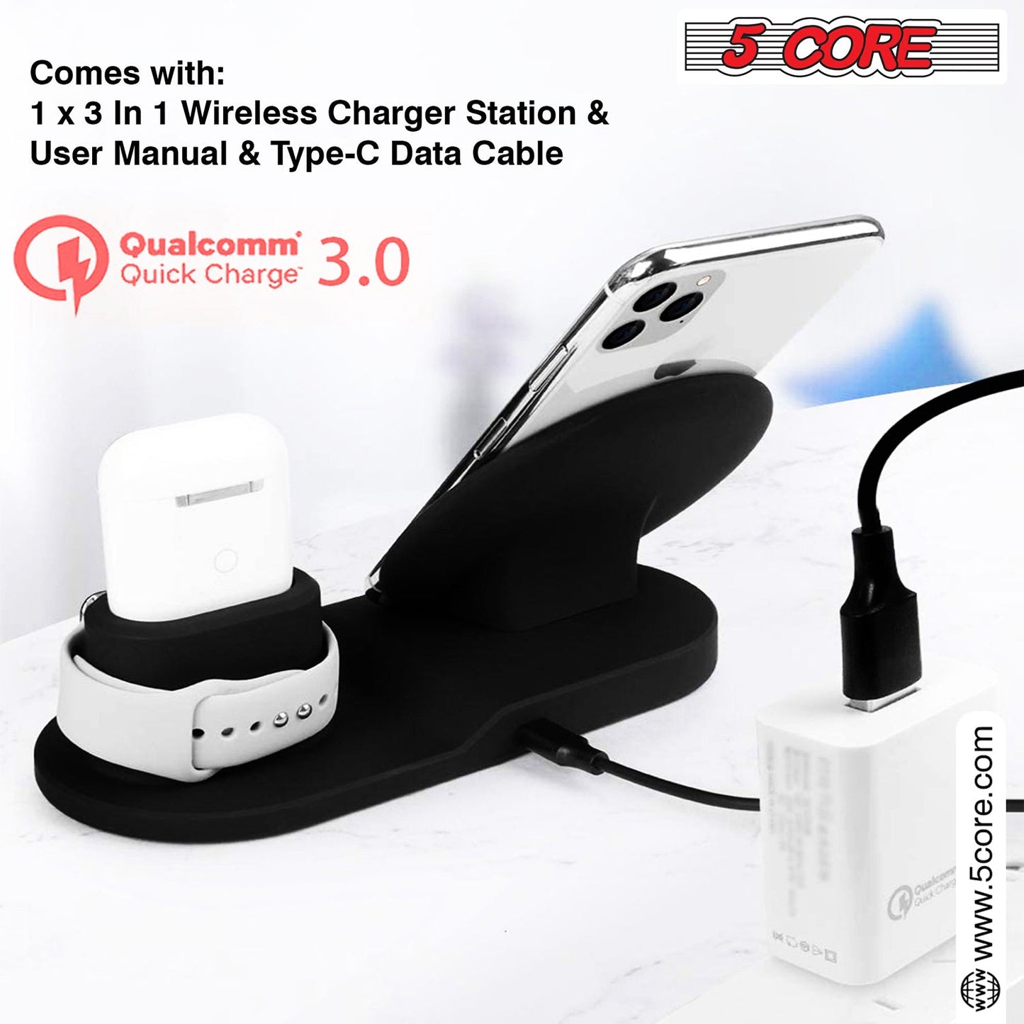 5 Core Wireless Charging Station  10W 3 in 1 Fast Phone Watch Earpod Wireless Charging Stand-2