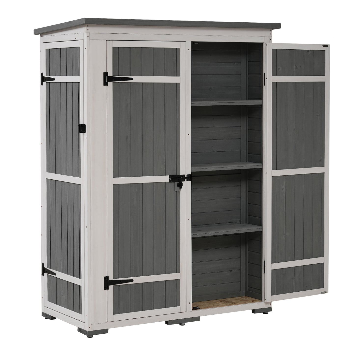 [Video Provided] TOPMAX Outdoor 5.5ft Hx4.1ft L Wood Storage Shed, Garden Tool Cabinet with Waterproof Asphalt Roof, Four Lockable Doors, Multiple-tier Shelves, White and Gray