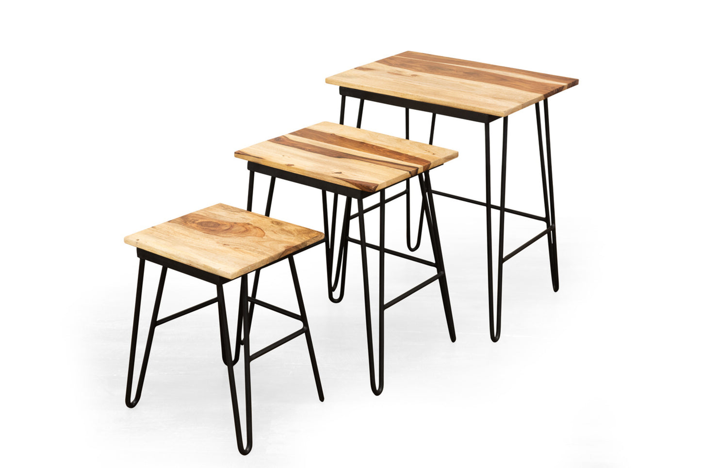 Natural Sheesham Wood Nesting Tables - Two-Tone Top, Iron Base - Varied Beauty, Ample Storage Space