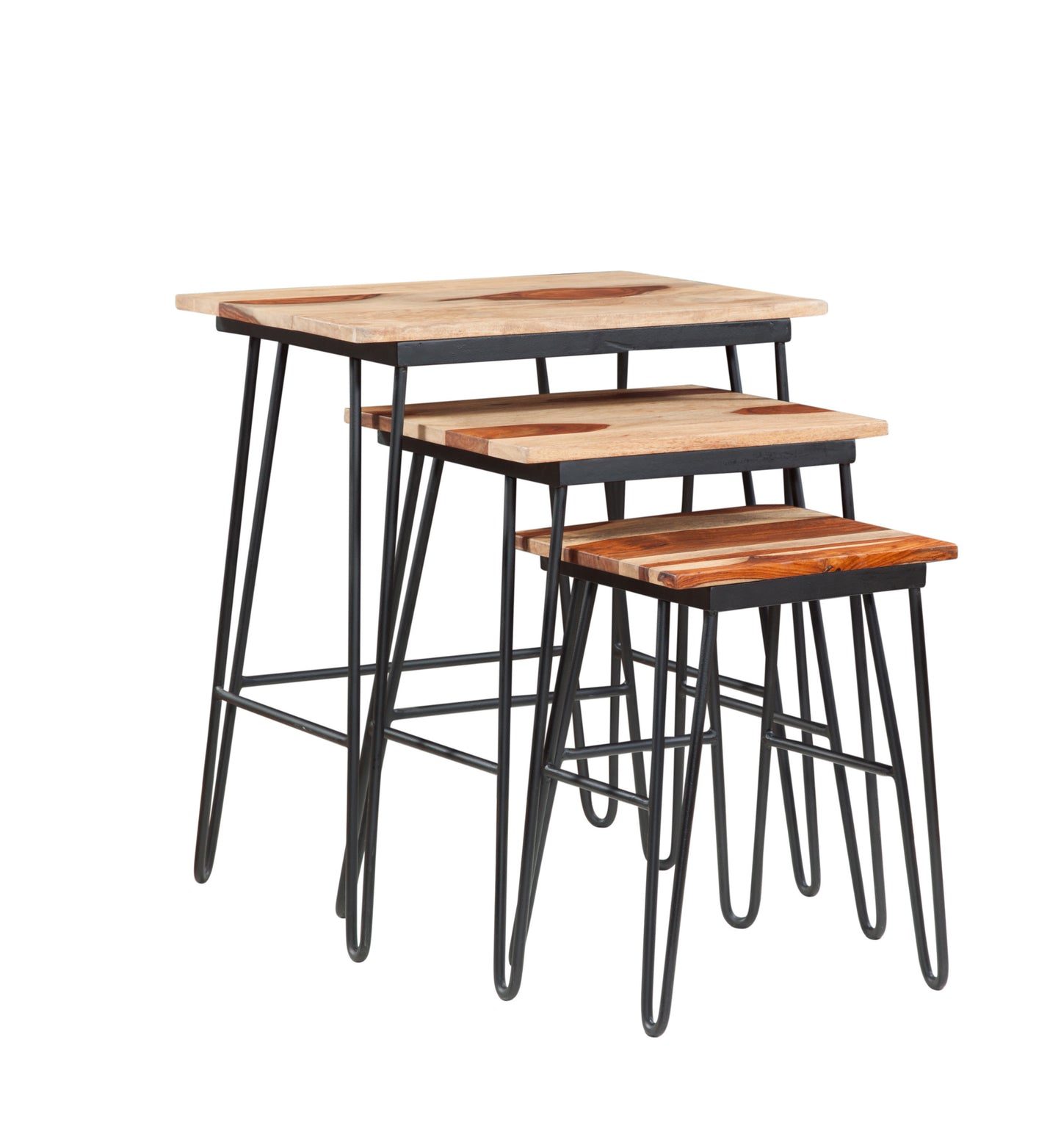 Natural Sheesham Wood Nesting Tables - Two-Tone Top, Iron Base - Varied Beauty, Ample Storage Space