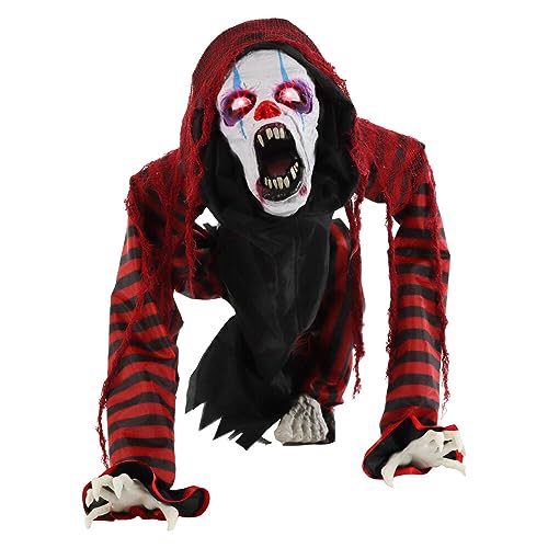 Haunted Hill Farm Life-Size Scary Talking Clown, Halloween Animatronic with Motion and Touch Activated Lights and Sounds, Battery Operated Indoor or Covered Outdoor Halloween Decorations