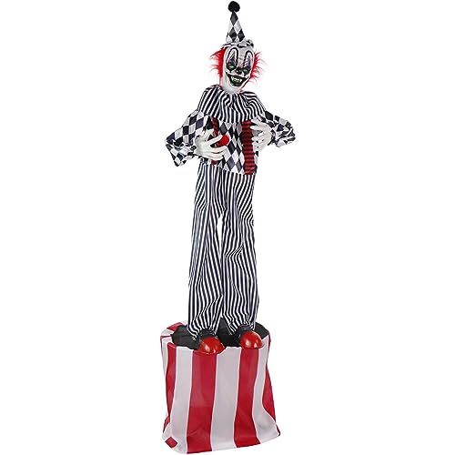 Haunted Hill Farm Life-Size Scary Talking Clown, Halloween Animatronic with Motion and Touch Activated Lights and Sounds, Battery Operated Indoor or Covered Outdoor Halloween Decorations