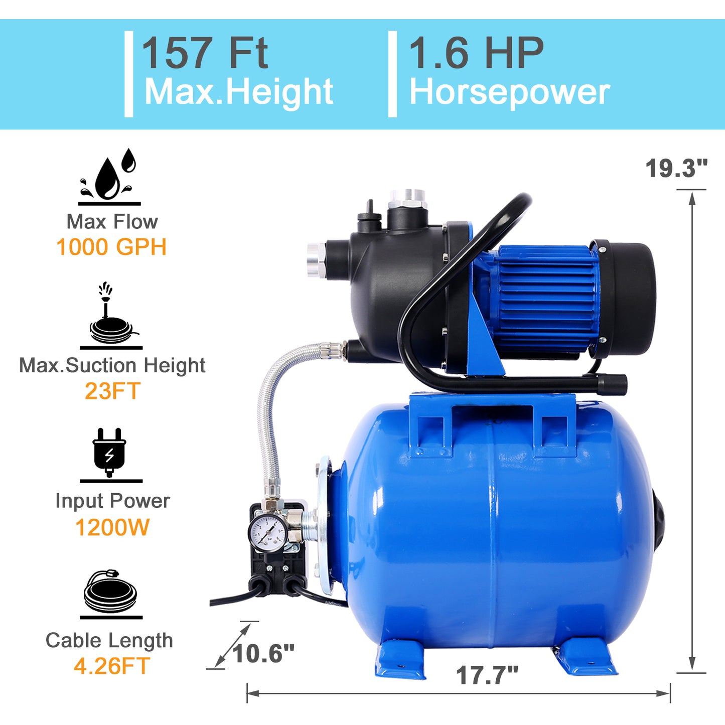 1.6HP Shallow Well Pump with Pressure Tank,garden water pump, Irrigation Pump,Automatic Water Booster Pump for Home Garden Lawn Farm