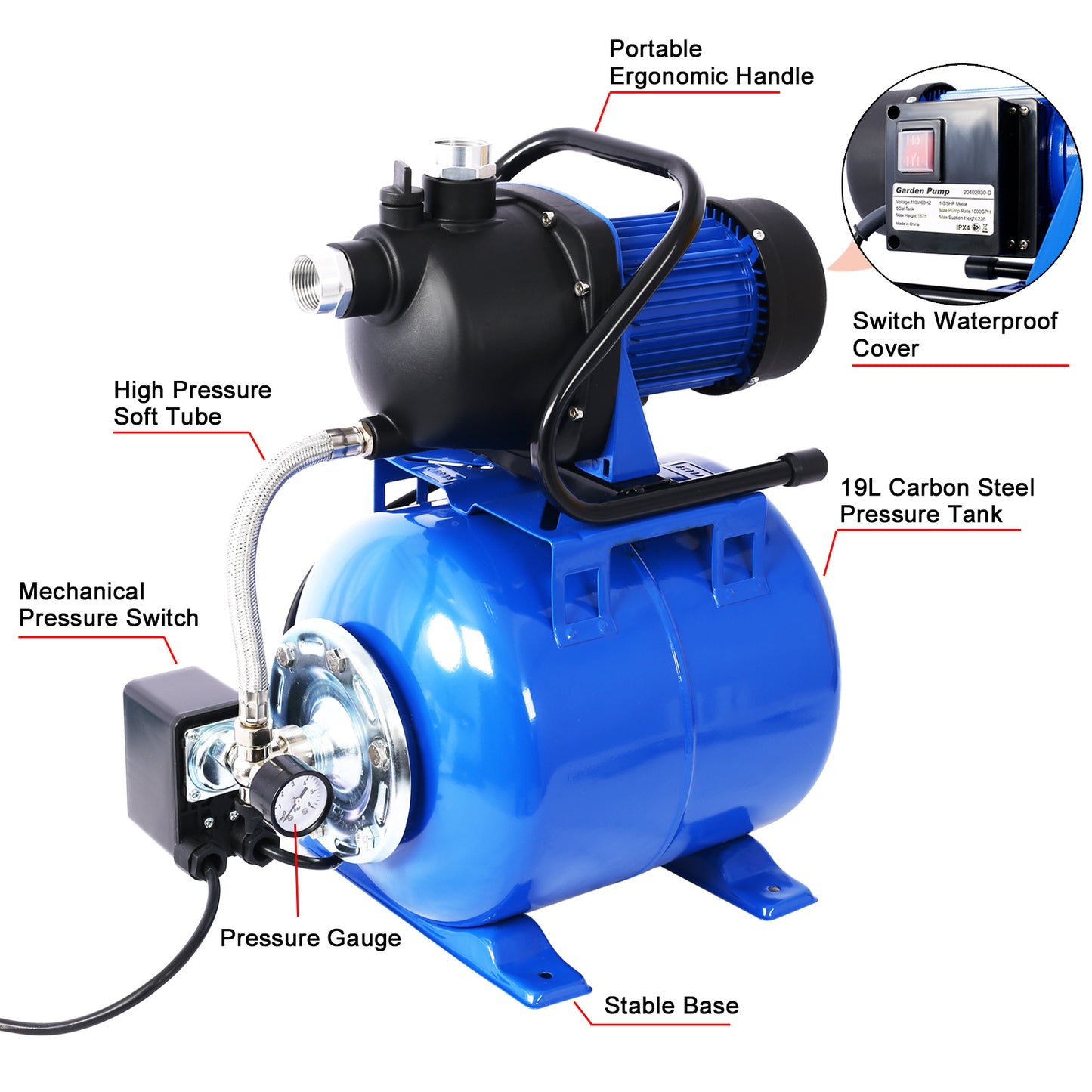 1.6HP Shallow Well Pump with Pressure Tank,garden water pump, Irrigation Pump,Automatic Water Booster Pump for Home Garden Lawn Farm