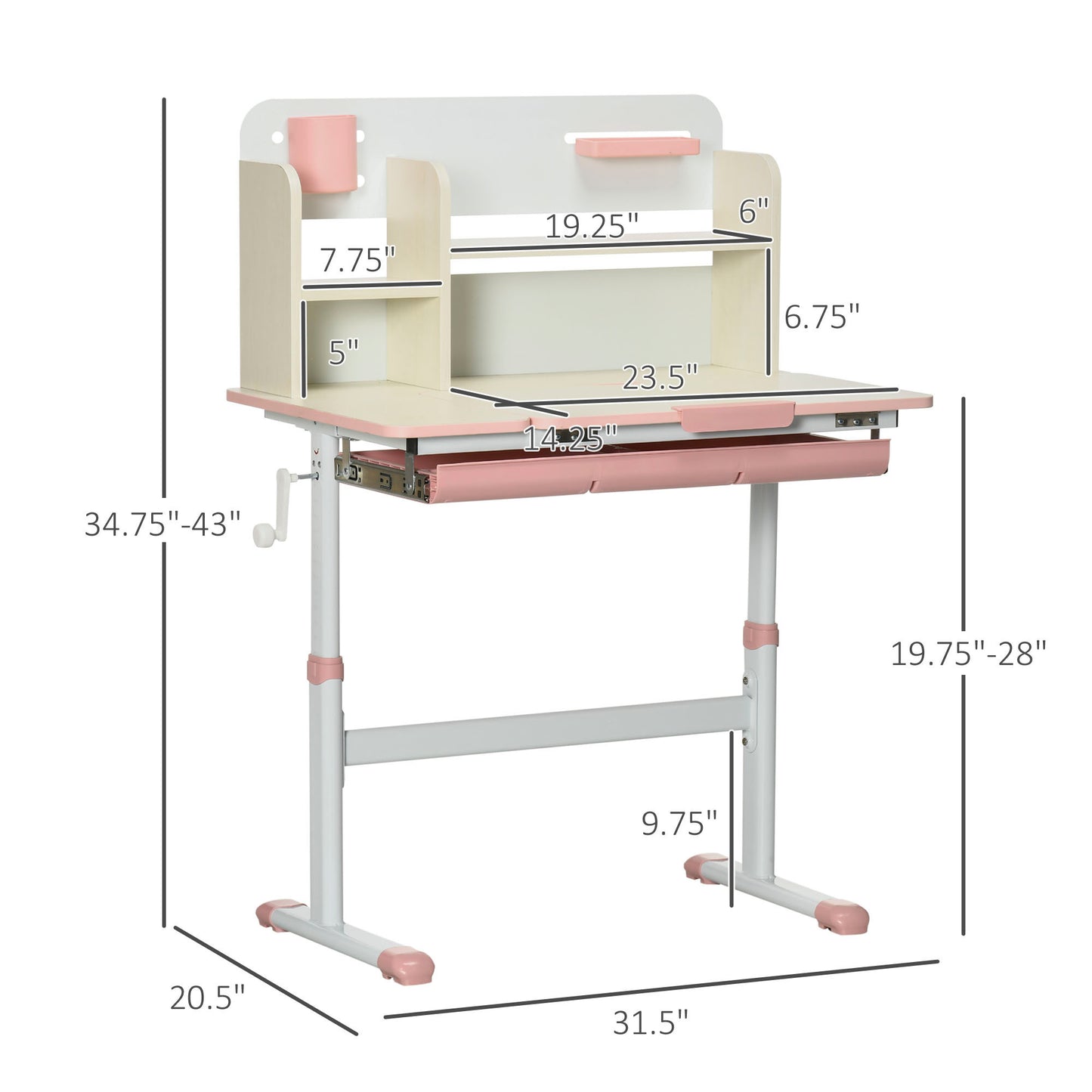 Wooden Kids Study Desk, Height Adjustable Children School Study Table, Student Writing Desk with Tilt Desktop, Drawer, Storage Shelf, Pen Holder, Pink