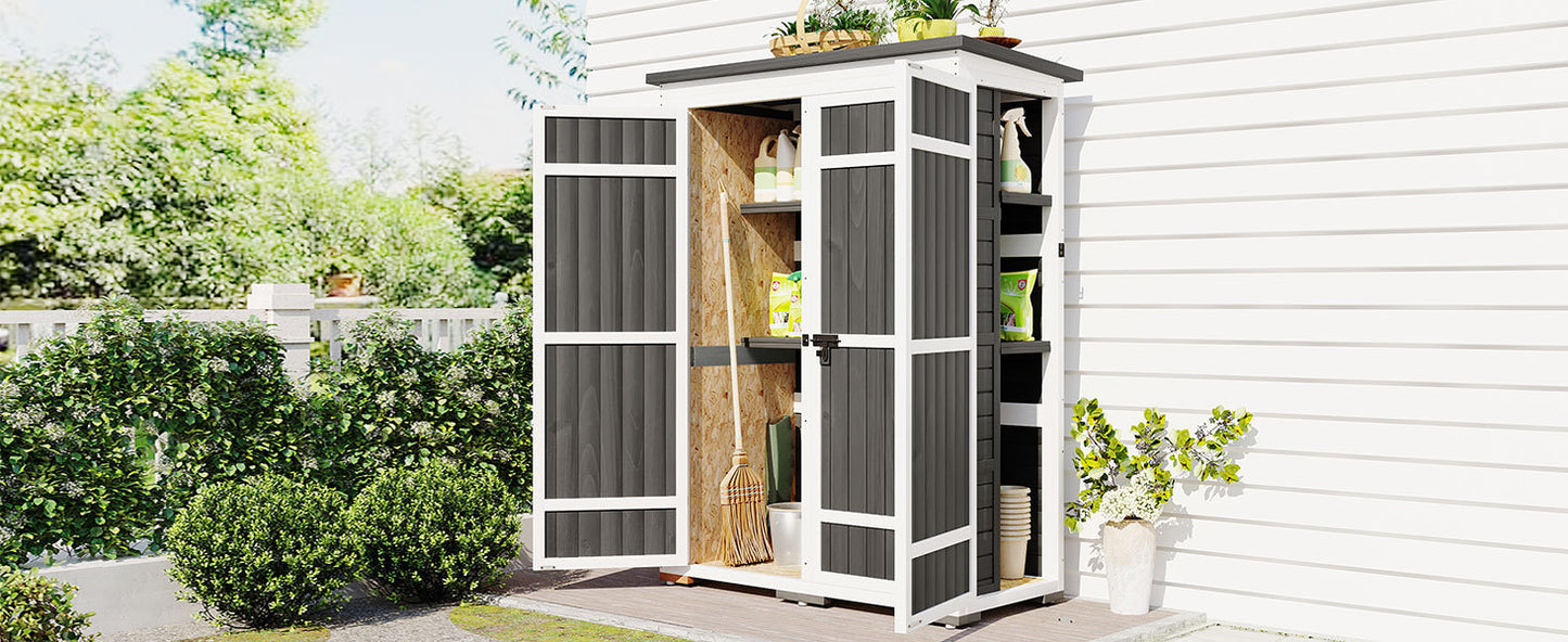 [Video Provided] TOPMAX Outdoor 5.5ft Hx4.1ft L Wood Storage Shed, Garden Tool Cabinet with Waterproof Asphalt Roof, Four Lockable Doors, Multiple-tier Shelves, White and Gray