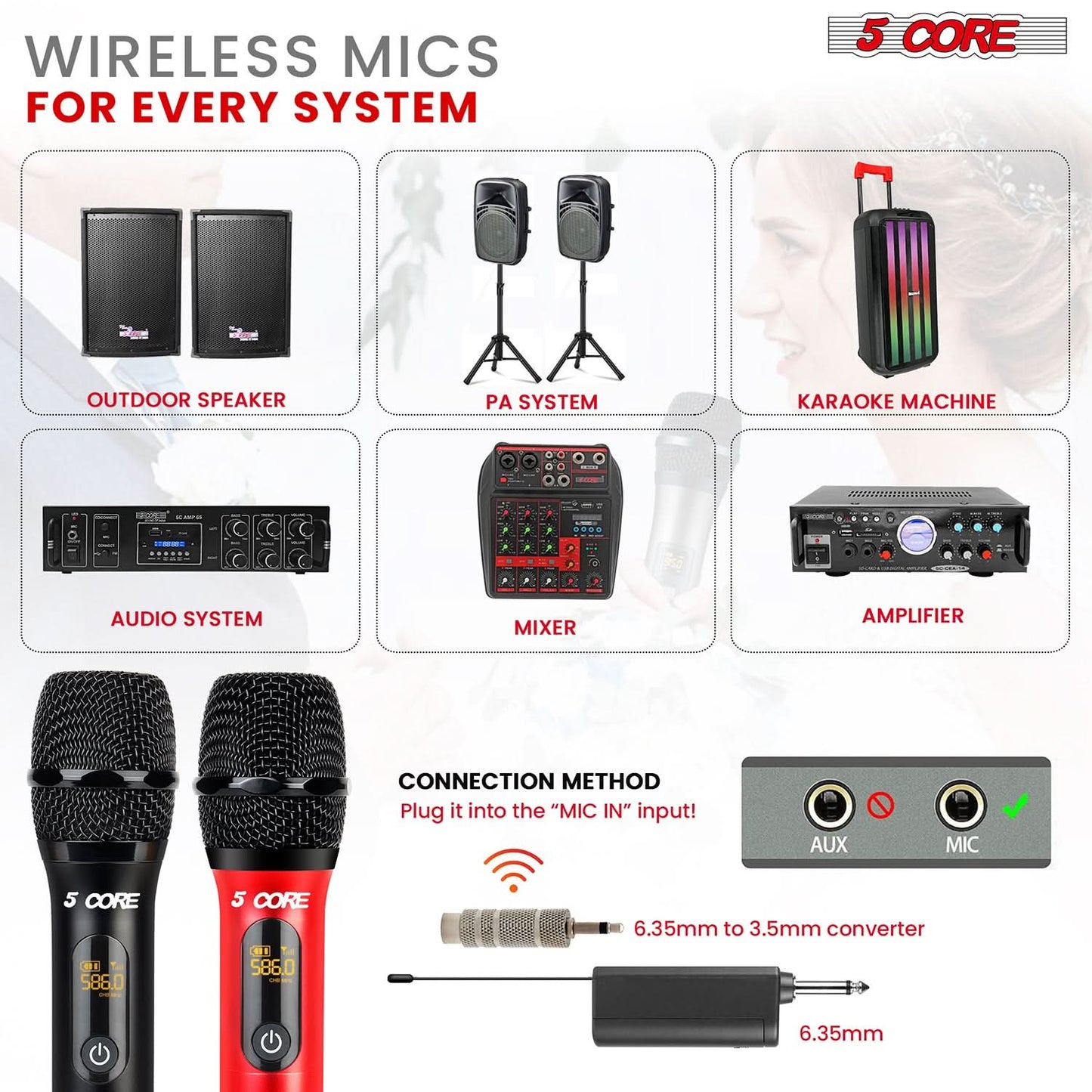 5Core Wireless Microphone Pair UHF Handheld Microfonos Inalambricos Cordless Mic RED + BLACK-4