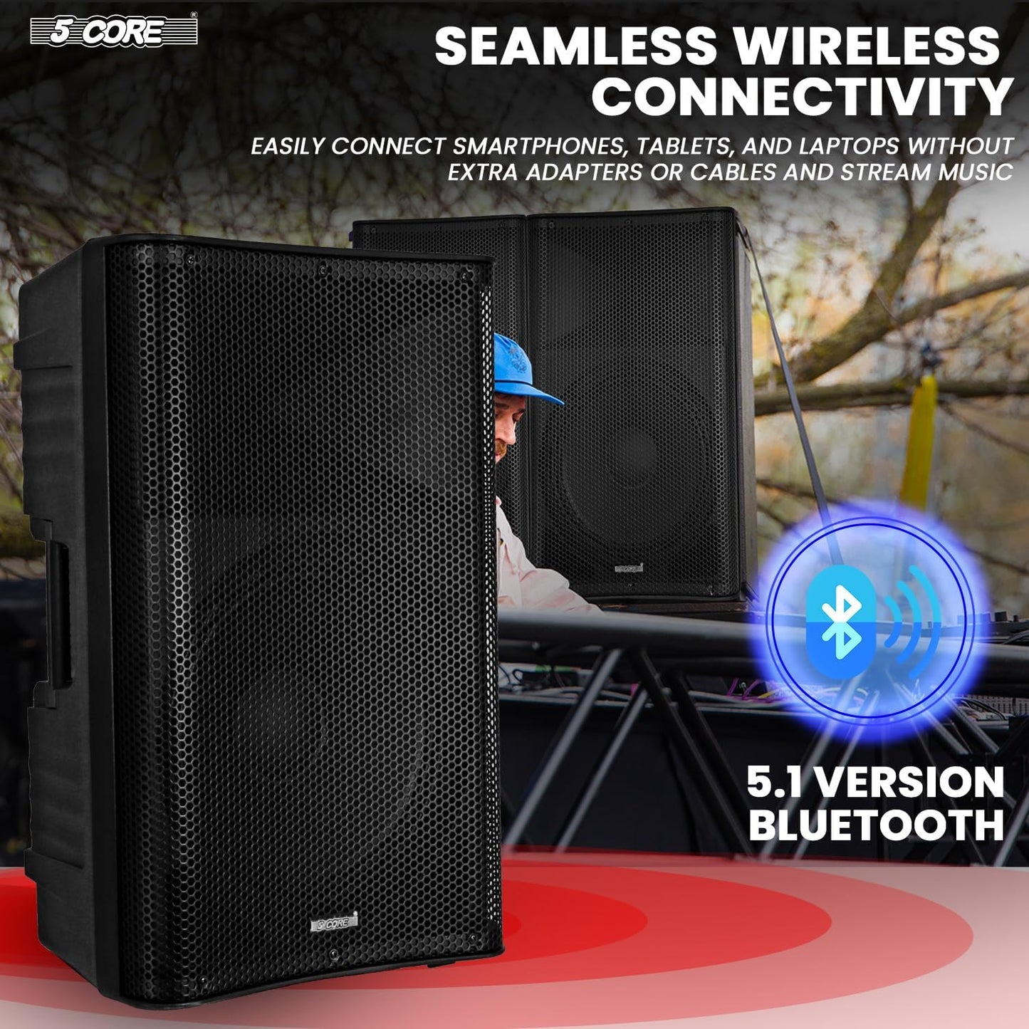 5 Core 15 Inch Professional 4000 W Powered PA System Pair 2 Way TWS Bluetooth Speaker +4 Wireless UHF Mics +2 Stand +2 Bags XLR in/Out Active Preamp Outdoor Sound Set for DJ Party-3