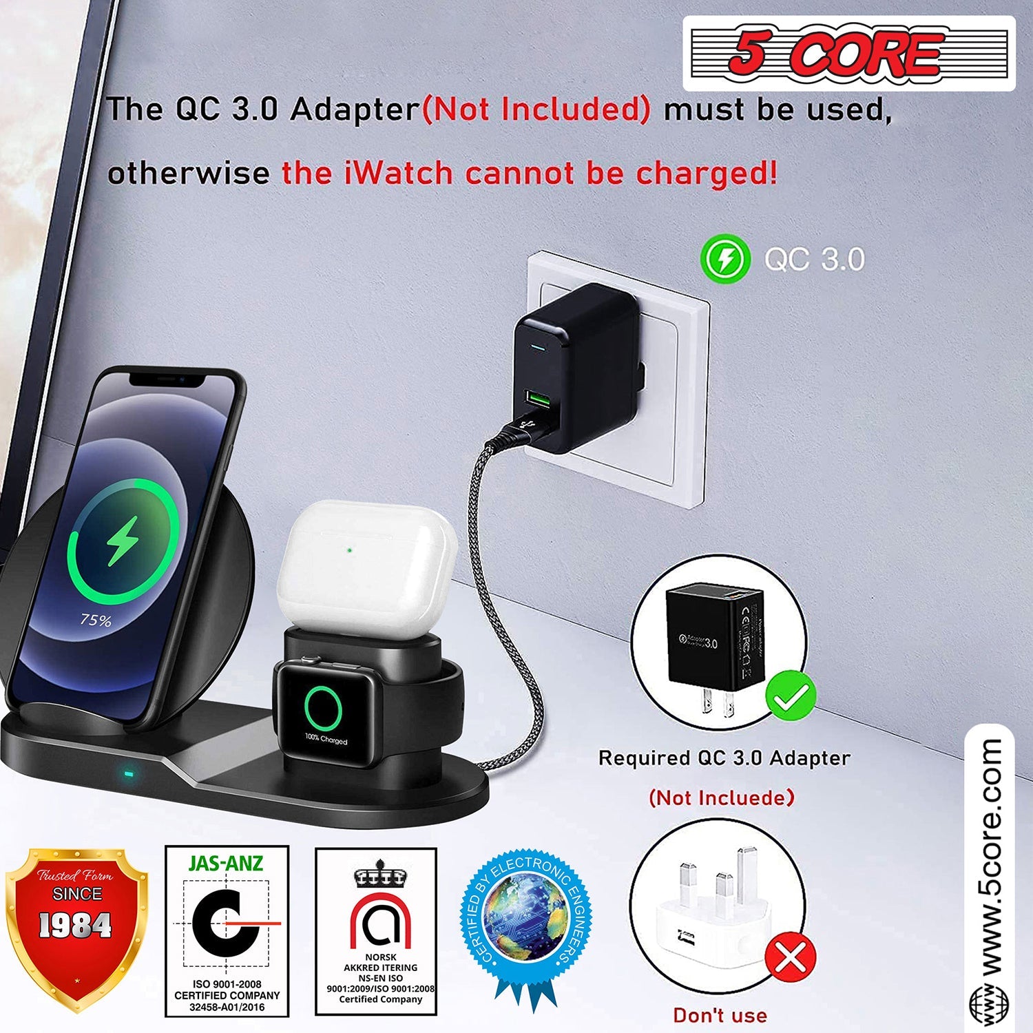 5 Core Wireless Charging Station  10W 3 in 1 Fast Phone Watch Earpod Wireless Charging Stand-4