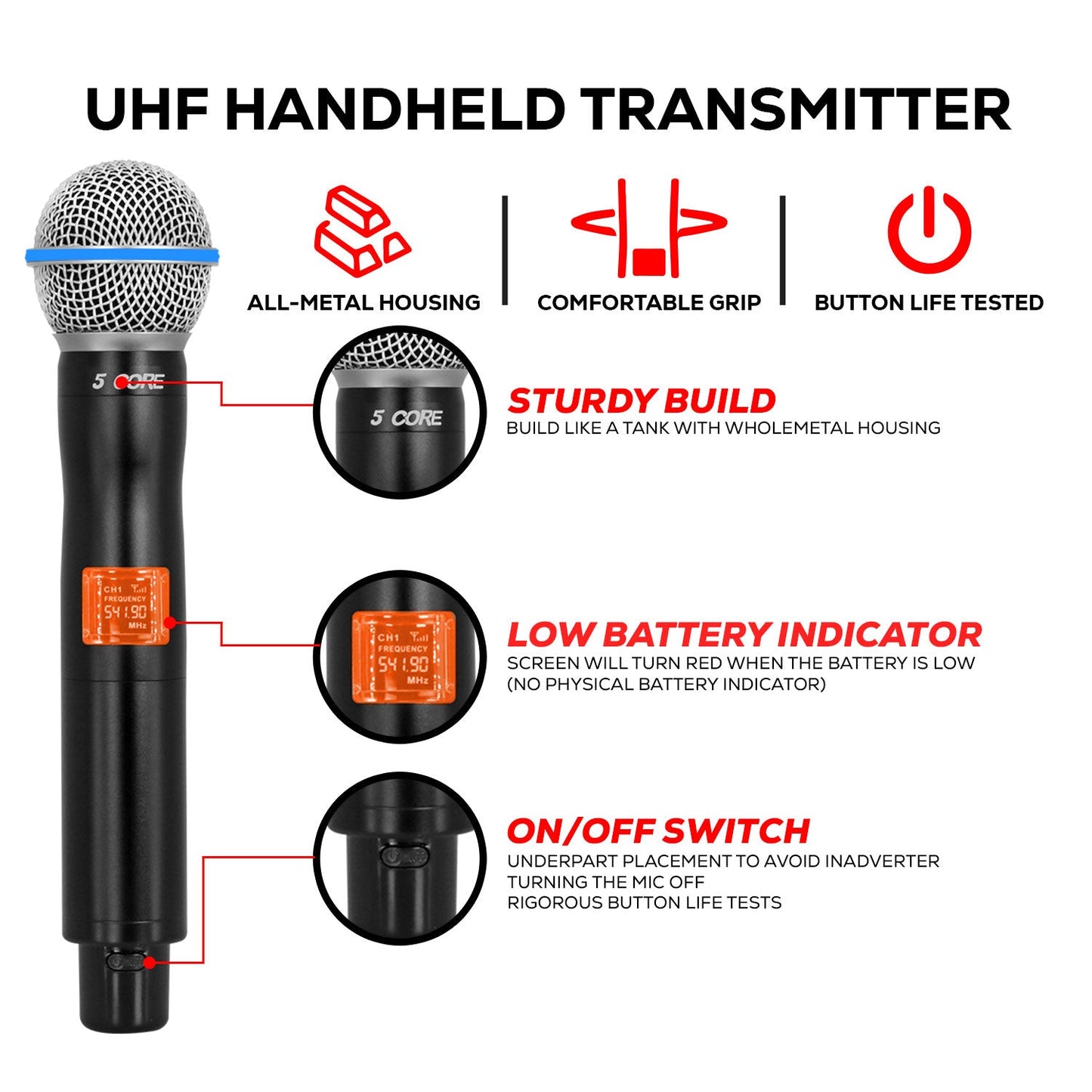 5 Core Wireless Microphone System 4 Channel UHF 492F Range Portable Receiver w Cordless Mic-4