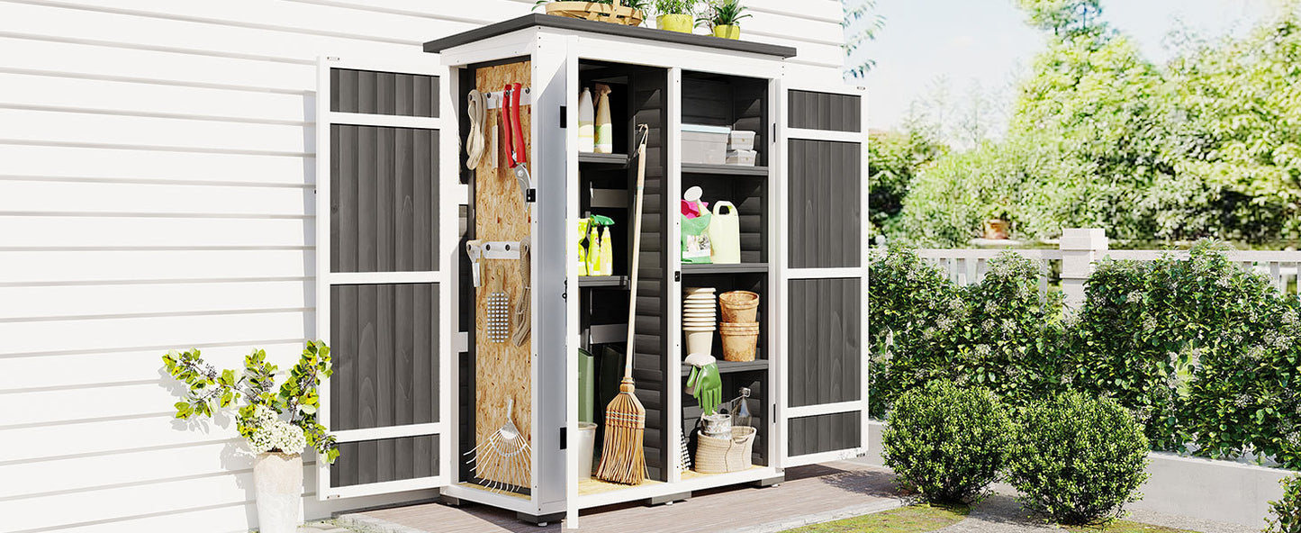 [Video Provided] TOPMAX Outdoor 5.5ft Hx4.1ft L Wood Storage Shed, Garden Tool Cabinet with Waterproof Asphalt Roof, Four Lockable Doors, Multiple-tier Shelves, White and Gray