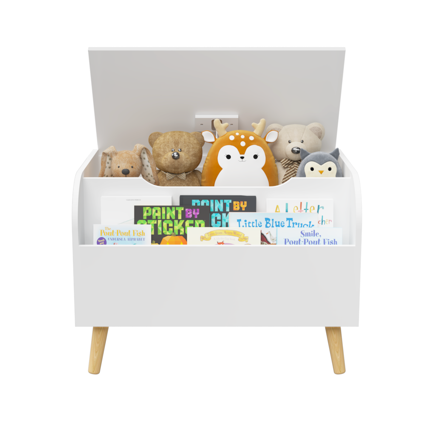 Wooden Toy Box, Kids Toy Storage Organizer with Front Bookshelf, Flip-Top Lid, Safety Hinge, Boys Girls Toy Chest Bench for Playroom Kids Room Organization (White)