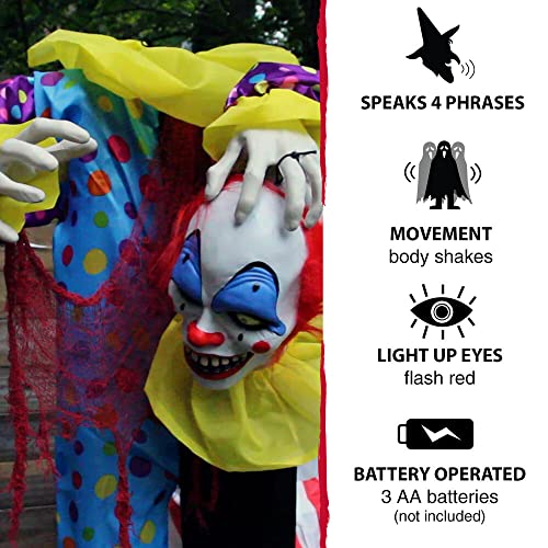 Haunted Hill Farm Life-Size Scary Talking Clown, Halloween Animatronic with Motion and Touch Activated Lights and Sounds, Battery Operated Indoor or Covered Outdoor Halloween Decorations