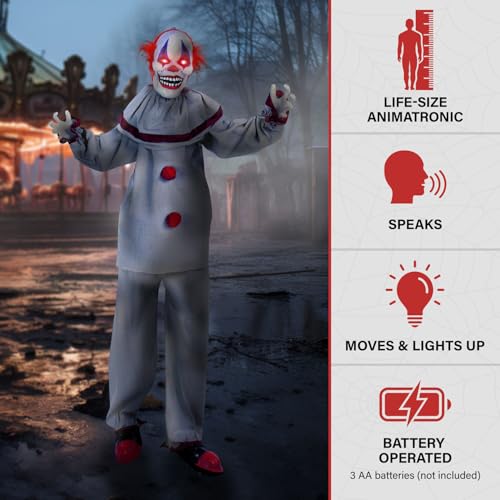 Haunted Hill Farm Life-Size Scary Talking Clown, Halloween Animatronic with Motion and Touch Activated Lights and Sounds, Battery Operated Indoor or Covered Outdoor Halloween Decorations