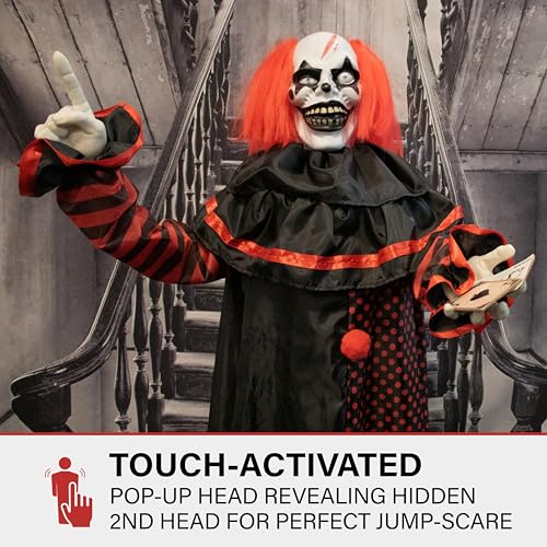 Haunted Hill Farm Life-Size Scary Talking Clown, Halloween Animatronic with Motion and Touch Activated Lights and Sounds, Battery Operated Indoor or Covered Outdoor Halloween Decorations