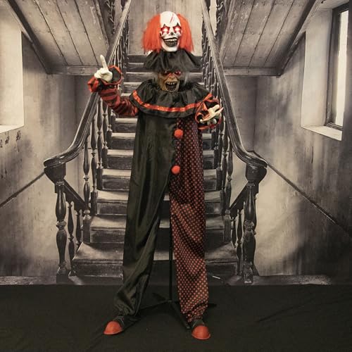 Haunted Hill Farm Life-Size Scary Talking Clown, Halloween Animatronic with Motion and Touch Activated Lights and Sounds, Battery Operated Indoor or Covered Outdoor Halloween Decorations