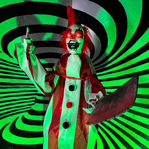 Haunted Hill Farm Life-Size Scary Talking Clown, Halloween Animatronic with Motion and Touch Activated Lights and Sounds, Battery Operated Indoor or Covered Outdoor Halloween Decorations