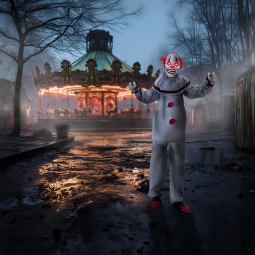 Haunted Hill Farm Life-Size Scary Talking Clown, Halloween Animatronic with Motion and Touch Activated Lights and Sounds, Battery Operated Indoor or Covered Outdoor Halloween Decorations