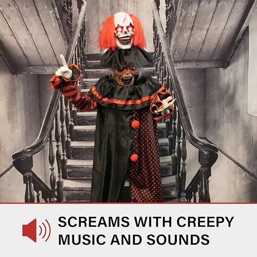 Haunted Hill Farm Life-Size Scary Talking Clown, Halloween Animatronic with Motion and Touch Activated Lights and Sounds, Battery Operated Indoor or Covered Outdoor Halloween Decorations