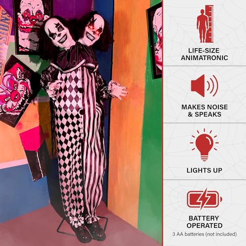 Haunted Hill Farm Life-Size Scary Talking Clown, Halloween Animatronic with Motion and Touch Activated Lights and Sounds, Battery Operated Indoor or Covered Outdoor Halloween Decorations