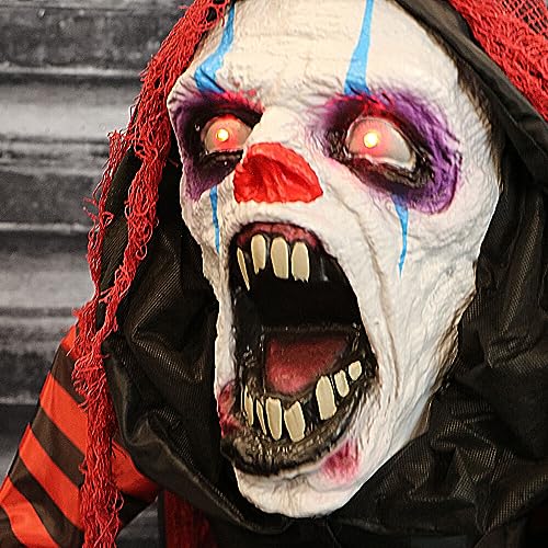 Haunted Hill Farm Life-Size Scary Talking Clown, Halloween Animatronic with Motion and Touch Activated Lights and Sounds, Battery Operated Indoor or Covered Outdoor Halloween Decorations