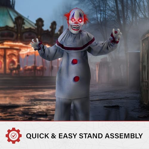 Haunted Hill Farm Life-Size Scary Talking Clown, Halloween Animatronic with Motion and Touch Activated Lights and Sounds, Battery Operated Indoor or Covered Outdoor Halloween Decorations