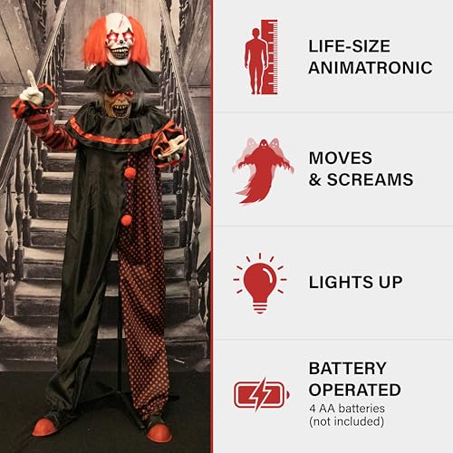 Haunted Hill Farm Life-Size Scary Talking Clown, Halloween Animatronic with Motion and Touch Activated Lights and Sounds, Battery Operated Indoor or Covered Outdoor Halloween Decorations