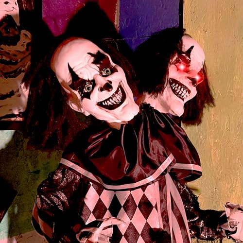 Haunted Hill Farm Life-Size Scary Talking Clown, Halloween Animatronic with Motion and Touch Activated Lights and Sounds, Battery Operated Indoor or Covered Outdoor Halloween Decorations