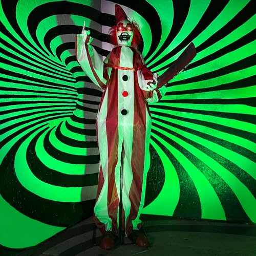 Haunted Hill Farm Life-Size Scary Talking Clown, Halloween Animatronic with Motion and Touch Activated Lights and Sounds, Battery Operated Indoor or Covered Outdoor Halloween Decorations