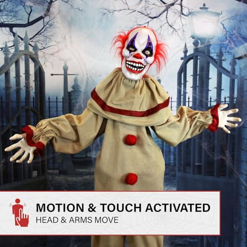 Haunted Hill Farm Life-Size Scary Talking Clown, Halloween Animatronic with Motion and Touch Activated Lights and Sounds, Battery Operated Indoor or Covered Outdoor Halloween Decorations