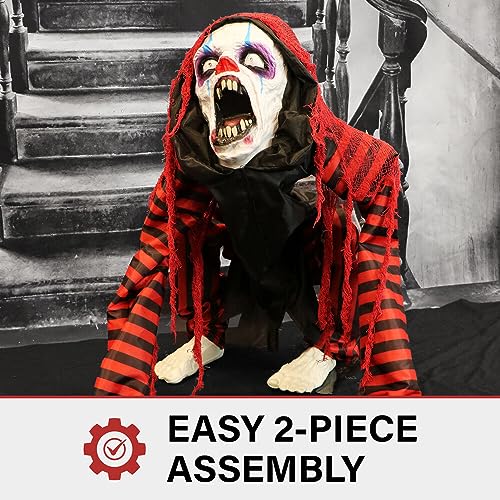 Haunted Hill Farm Life-Size Scary Talking Clown, Halloween Animatronic with Motion and Touch Activated Lights and Sounds, Battery Operated Indoor or Covered Outdoor Halloween Decorations