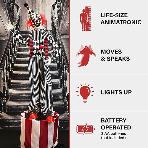 Haunted Hill Farm Life-Size Scary Talking Clown, Halloween Animatronic with Motion and Touch Activated Lights and Sounds, Battery Operated Indoor or Covered Outdoor Halloween Decorations